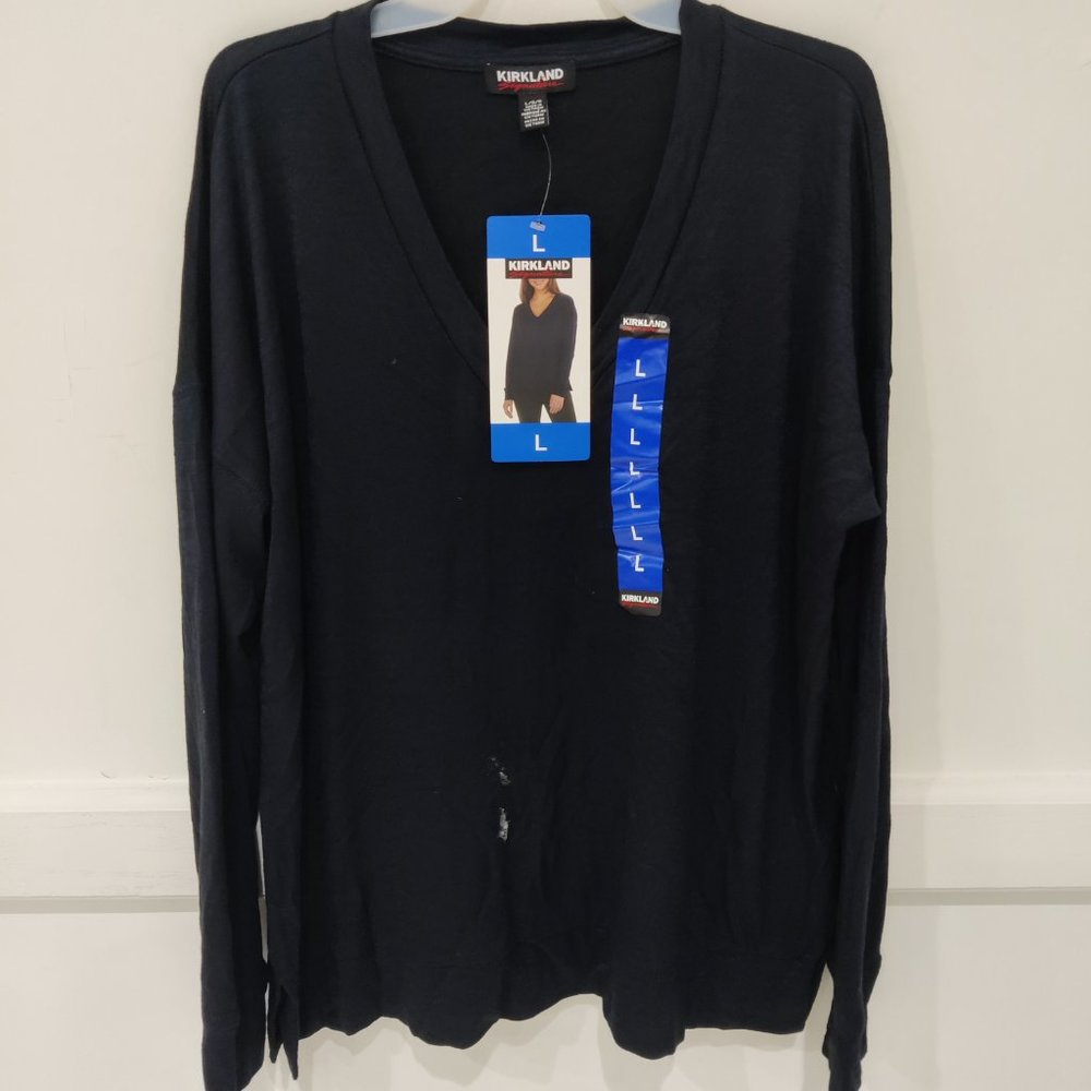 DEFECT Kirkland Signature Womens Long Sleeve V-Neck Marled Navy Size L $60 2A166